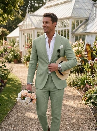 Aowdoy Men's Linen Suits Slim Fit Casual Lightweight Blazer Jacket and Pants Set for 2 Piece Summer Beach Wedding Suit Light Green S