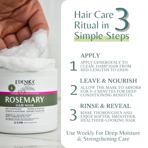 EDENIKA BOTANICALS Rosemary Hair Mask with 100% Rosemary Oil & Biotin, Anti-Hair Loss & Strengthening Treatment, Deep Conditioning & Hydration for Thicker-Looking Hair, Sulfate-Free, Men & Women