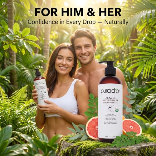 PURA D’OR 16 Oz Organic Anti-Cellulite Massage Oil for Toned Legs and Butt - Lemon Peel, Moringa, Grape Seed, Grapefruit & Eucalyptus Oils - Skin Firming & Tightening
