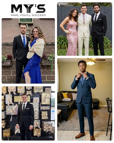 MY'S Men's 2 Piece Suit with Tie, One Button Slim Fit Solid Jacket and Pants Set, Suits for Men Party Prom Wedding & Business, Black