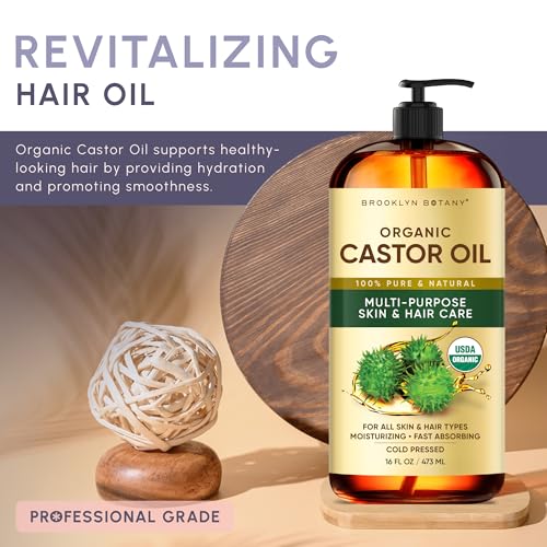 Brooklyn Botany Cold-Pressed Organic Castor Oil | 16 Fl Oz | Hair | Face | Body | 100% Pure and Natural | Carrier Oil | Aromatherapy | Massage | Ayurvedic Hair Care | Hexane-Free