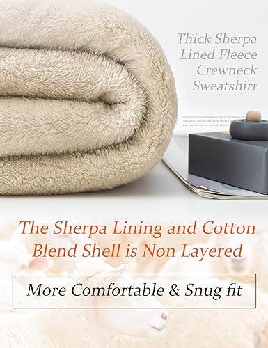 Flygo Men's Warm Sherpa Lined Crewneck Sweatshirts Heavyweight Fleece Pullover Thick Thermal Cotton Sweat-Shirts(Khaki-XL)