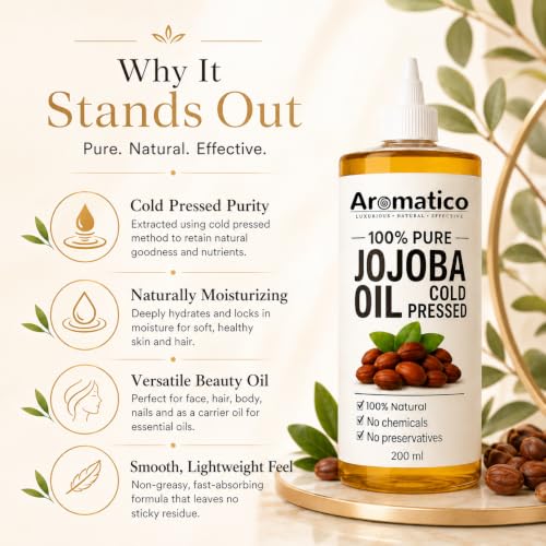 Aromatico Cold Pressed Jojoba Oil – 7 Fl Oz | Natural Hair, Face & Body Oil – Lightweight Moisturizing Carrier Oil for Dry Scalp, Skin Care, Beard, Cuticles & Massage