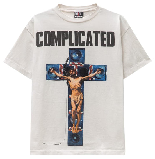 Saint Michael, Mens Complicated Jesus On Monitor Cross Tee, Large, White