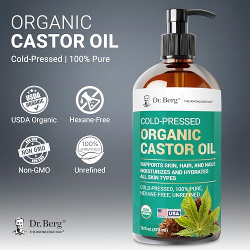 Dr. Berg Organic Castor Oil – 16 fl oz Cold-Pressed Oil – Pure, Unrefined, Single Ingredient – Sourced in India, Bottled in USA – Lab Tested, USDA Organic, Glass Bottle