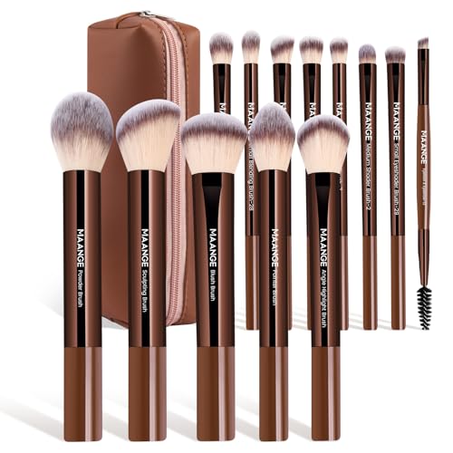 MAANGE 13 PCS Makeup Brushes Professional Make Up Brushes Premium Synthetic Powder Concealers Brushes Travel Makeup Brush Set with Case (Coffee)