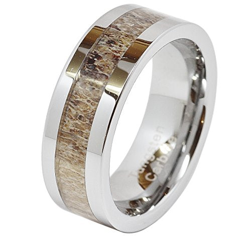 100S JEWELRY Tungsten Rings For Men Wedding Band Deer Antler Inlaid Hammer Flat Band Size 8-16 (9.5)