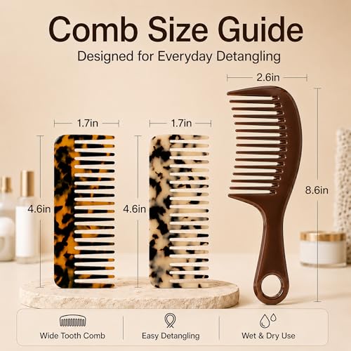 Wide Tooth Comb Set, 3-Piece Cellulose Acetate Detangler with 2 Travel Sizes and 1 Handled Home Comb, Anti-Static for Curly, Thick, Wavy, Wet or Dry Hair