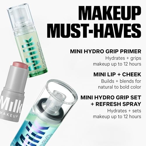 Milk Makeup Mini Must-Haves Set – Includes 12HR Hydrating Face Primer (.33oz) + 12HR Setting Spray for Gripping Makeup (1.69oz) and Multi-Use Cream Blush Stick + Lip Color in Werk (Dusty Rose, 0.10oz)