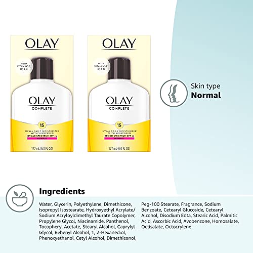 Olay Face Moisturizer, Complete with Sunscreen SPF 15, Daily Facial Lotion for Normal Skin, Lightweight Hydrating Broad Spectrum Sun Protection - Vitamin C, E, and Niacinamide - 6 Oz 2 Pack