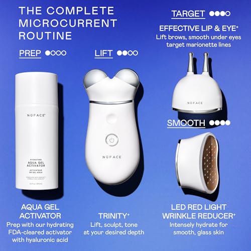 NUFACE Trinity+ Facial Massager - Face Firming & Toning Device for Lines & Wrinkles Treatment - FDA-Cleared Wrinkle Reducer + Lip & Eye Attachment + Aqua Gel Activator - 3 Frequency Microcurrent