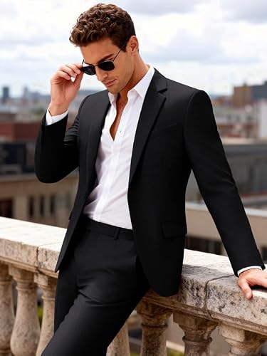 MAGE MALE Mens 2 Piece Suit Slim Fit Solid Wedding Prom Tuxedo Suit with One Button Notch Lapel Blazer and Pants Black