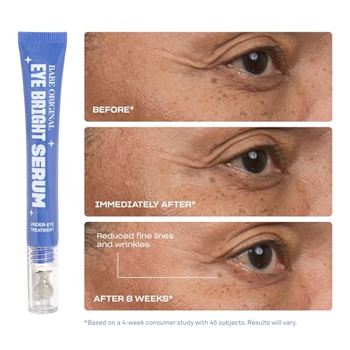BABE ORIGINAL Eye Bright Under Eye Serum, Eye Serum for Dark Circles & Puffiness, Brightening & Hydrating Eye Treatment for Fine Lines, Peptides, Bakuchiol & Niacinamide, Cooling Metal Applicator