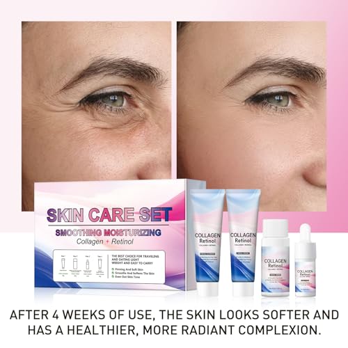 Facial Skin Care Sets & kits Travel Mini Skincare Set, Collagen & Retinol Facial Skin Care Set with Anti-Aging Serum, Face Wash, Toner & Moisturizer Cream, Travel Size Essentials Kit Gifts for Women