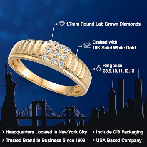 Gem Stone King Men's Solid 10K Yellow Gold White Lab Grown Diamond Ring | 0.18 Cttw | E-F Color | VVS-VS Clarity (Size 10)