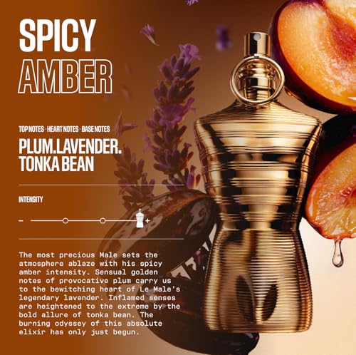 Jean Paul Gaultier Le Male Elixir Absolu Parfum Intense - Long Lasting Woody Spicy Cologne for Men with Plum, Lavender & Tonka Bean - Luxury Cologne Spray, 6.8 oz