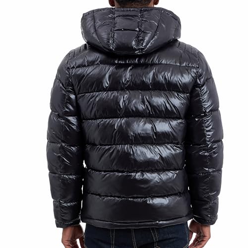 Michael Kors Mens Shine Hooded Puffer Jacket, Heavy Winter Jackets for Men, Water Resistant, Black, X-Large