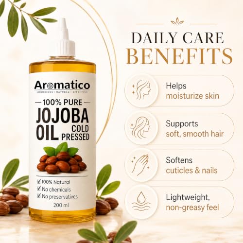 Aromatico Cold Pressed Jojoba Oil – 7 Fl Oz | Natural Hair, Face & Body Oil – Lightweight Moisturizing Carrier Oil for Dry Scalp, Skin Care, Beard, Cuticles & Massage