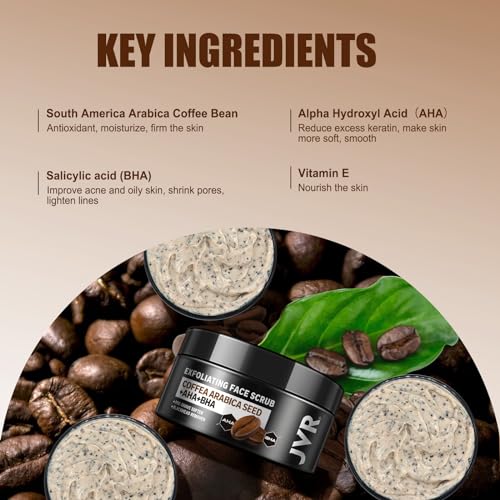 JVR Face Scrub for Men, Facial Scrub for Deep Exfoliating, Cleansing Blackheads, Ingrown Hair, Pre-shave Soften, Organic Formulated with Coffee Extract, AHA and BHA Face Exfoliator (4.23 oz)