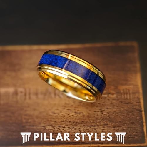 Pillar Styles 8mm Lapis Lazuli Ring 14K Gold Wedding Bands Blue Lapis Tungsten Rings for Men with Step Edges Unique for Him