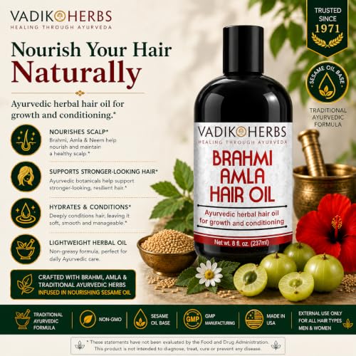 Vadik Herbs Brahmi Amla Hair Oil (8 oz) Ayurvedic herbal hair growth oil and hair conditioning oil with Rosemary Oil | Great for hair loss, balding, thinning, for beard growth,scalp treatment