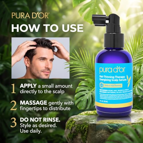 PURA D'OR Hair Thinning Therapy Energizing Scalp Serum 4oz w/Copper Tripeptide, Biotin, Caffeine, Plant Stem Cell, Catalase & DHT Balance, Rosemary Green Tea Leaf Extract, All Hair Types, Men Women