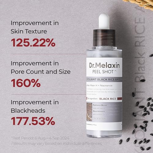 Dr.Melaxin Peel Shot Black Rice Exfoliating Ampoule, Face Exfoliator with AHA BHA Niacinamide Rice Bran Water, Blackhead Remover, Pore Minimizer, Brightening Glass Skin Serum, Korean Skin Care, 2.7 oz