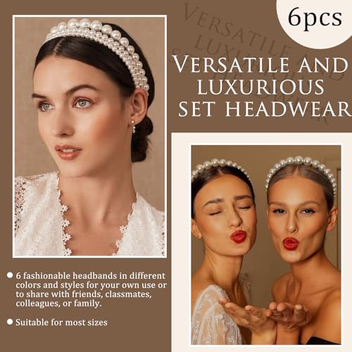 YONOY Pearl Headbands for Women, White Faux Pearl Hair Accessories, Dainty Bling Hairbands, 6 Pack, Perfect for Wedding Events