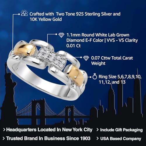 Gem Stone King White Lab Grown Diamond Band Ring For Men Women | 925 Sterling Silver and 10K Yellow Gold | 7MM Width | Size 11