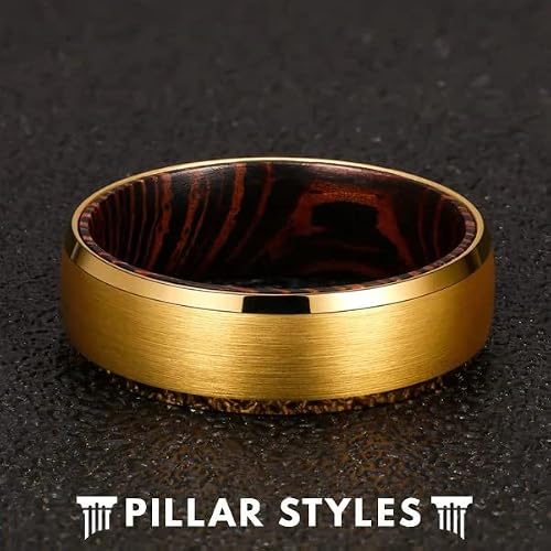 14K Gold Ring with Wenge Wood Tungsten Rings for Men Wedding Bands Yellow Gold Wedding Rings for Men with Wooden Inlay