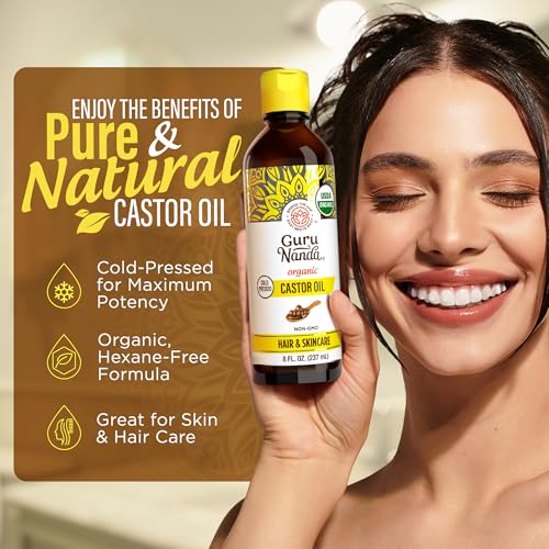 GuruNanda Castor Oil Organic USDA Certified (8 Fl oz) - 100% Pure & Natural, Cold Pressed & Hexane-Free, Hydrating Carrier Oil for Skin, Hair, Eyebrows & Eyelashes Growth