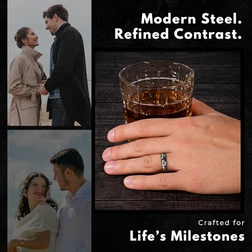 6mm Damascus Steel Men’s Wedding Band with 14K White Gold Inlay – Comfort Fit Ring – Textured Black Grain – Unique Handmade Look (15)