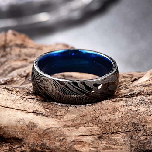 Vakki Damascus Mens Wedding Bands 8mm Black Damascus Steel Rings Blue Innerface Comfort Fit Size 12