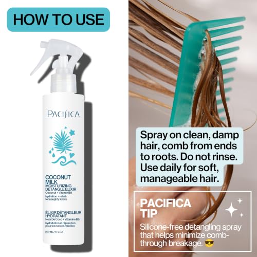 Pacifica Coconut Milk Hair Detangler Spray – Leave-In Conditioning Elixir for Tangle-Free Hair – Instantly Detangles Knots, Adds Shine & Moisture, Prevents Breakage & Frizz – Vegan & Cruelty-Free