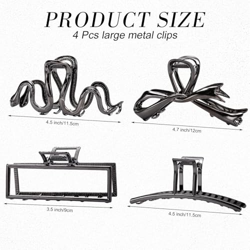 obeoby 4 Pcs Large Metal Hair Claw Clips for Women Thick Long Hair, Black