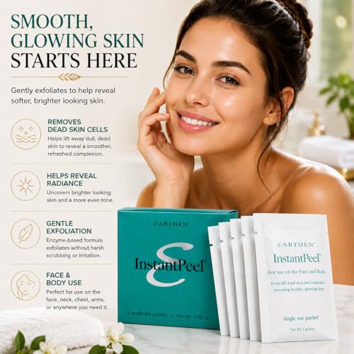Earthen Instant Peel Exfoliating Packets – Gentle Face & Body Exfoliator for Smooth, Glowing Skin – Removes Dead Skin Cells Without Harsh Acids – Single Use Treatment, 6 Count