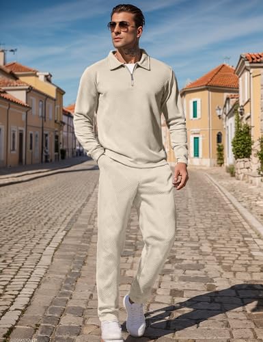 UOUA Mens 2 Piece Set Casual Outfits Polo Long Sleeve Shirt & Pants Track Suit Loungewear Athletic Sweatsuit Beige L