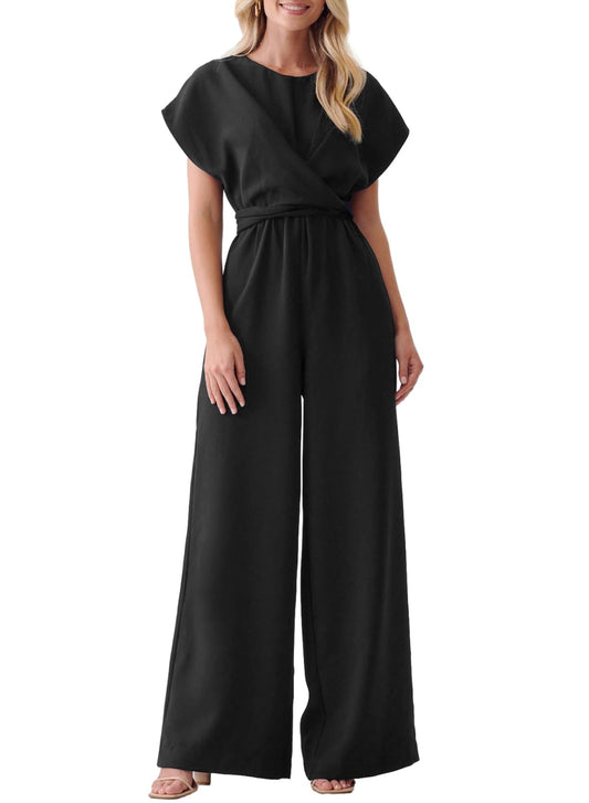 Happy Sailed One Piece Jumpsuits for Women Overalls Front Crisscross Top Tie Waist Belt Wide Leg Pants Rompers Business Casual Outfits with Pockets Black Medium