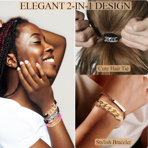 loqpol 5PCS Black- Silver Gold Bracelet Hair Ties