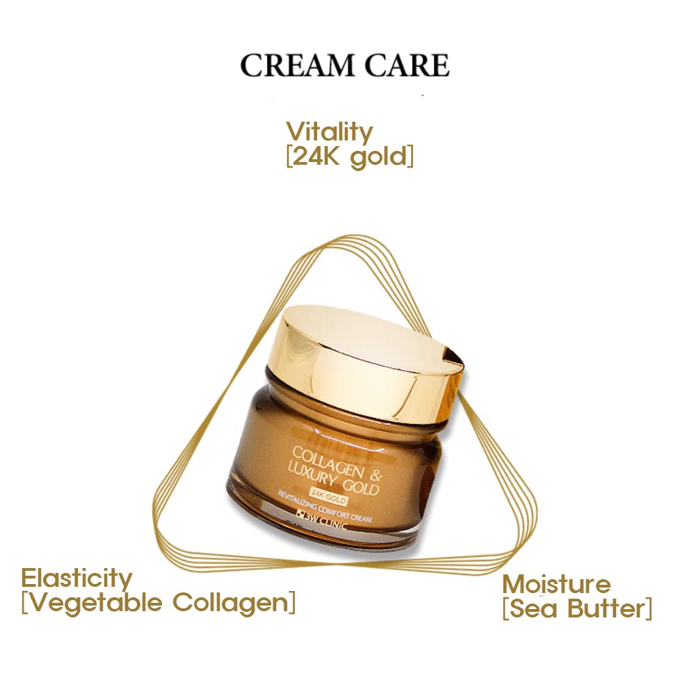 3W Clinic Collagen Luxury Gold Moisture Facial Cream 100ml(3.38fl.oz.) Shea Butter, 24k Gold Ingredients,