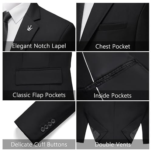 MAGE MALE Mens 2 Piece Suit Slim Fit Solid Wedding Prom Tuxedo Suit with One Button Notch Lapel Blazer and Pants Black