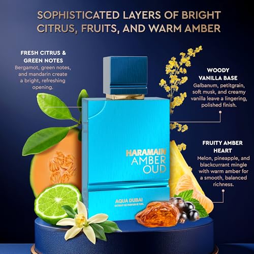 Al Haramain Amber Oud Eau de Parfum – Aqua Dubai – Oud Cologne + ATOMIZER – Men's Perfume for Men: Bergamot, Green Notes, Mandarin, Melon, Pineapple, Amber, Vanilla, Musk, Mens Fragrances (2.5 oz)