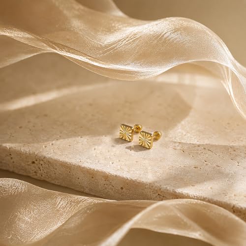 Real 14k and 10K solid Yellow Gold Tiny Stud Earrings with Screw back for Women And Men for Sensitive ears Small & Minimalist Studs Jewelry for Gifts(Diamond Cut Square earrings)