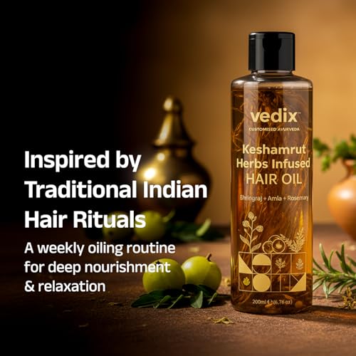 Vedix Keshamrut Herbs Infused Ayurvedic Hair Oil With Bhringraj, Amla & Rosemary I Control Hair Fall & Boost Hair Growth I 16+ Whole Herbs, Leaves & Flowers I No Mineral Oils & Chemicals (200ml)
