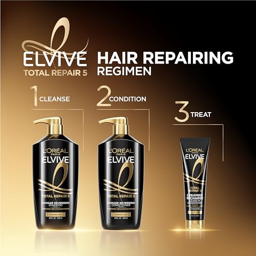 L'Oreal Paris Elvive Total Repair 5 Damage Reversing Shampoo and Conditioner Set for Dry and Damaged Hair, Hair Repair Formula with Protein and Ceramide, 56 Fl Oz Set