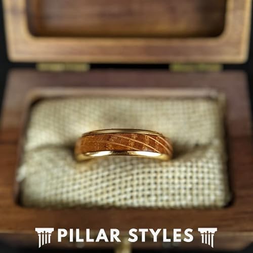 6mm Yellow Gold Ring with Bourbon Wood Inlay Tungsten Rings for Men 14K Gold Wedding Band Whiskey Barrel Ring