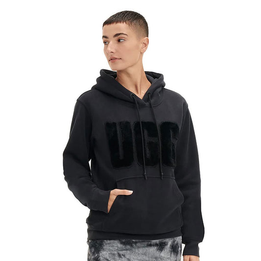 UGG Women's Rey Fuzzy Logo Hoodie Sweatshirt, Black, L