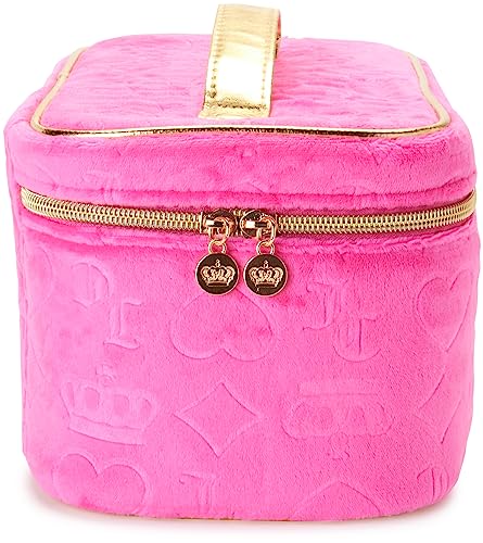 Juicy Couture Hot Pink Makeup Bag Cosmetics Organizer Travel Essentials Train Case Velour Heart Crown