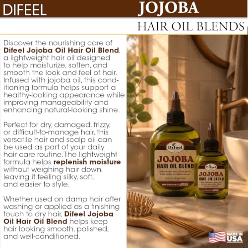 Difeel Jojoba Oil Hair Oil Blend - Travel Size 2.5 oz. - Lightweight Hair & Scalp Moisturizing Oil for Dry, Damaged & Frizzy Hair, Adds Shine & Softness