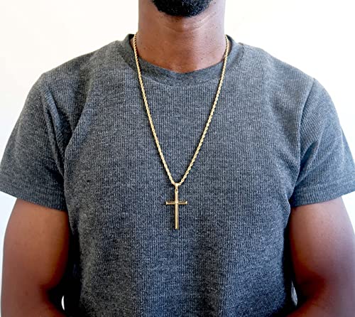 ADORATO JEWELRY 14K Gold Rope Chain Style Cross Pendant Necklace 3MM Cross Necklace Clasp for MEN, HUSBAND Thin for Charms Miami Cuban Link Diamond Cut Religious Beveled Edge (20)